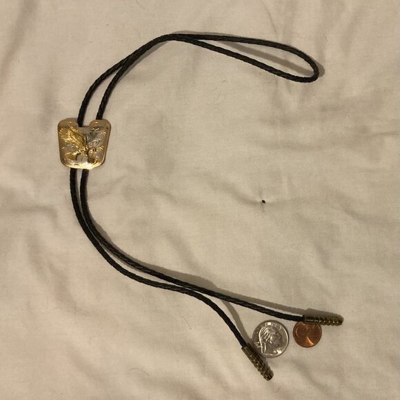 Vintage Metal Bolo Tie, Nice Silver and Brass American Bald Eagle Design, Bird - Picture 2 of 5